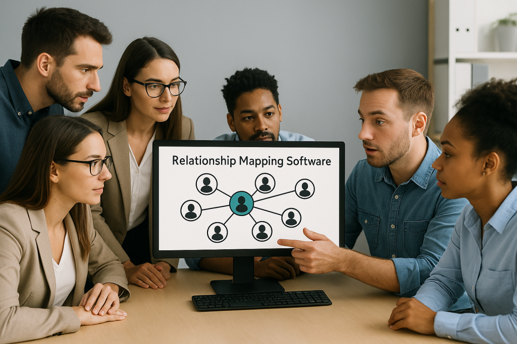 Five people look at a computer screen as one shows them how to use relationship mapping software
