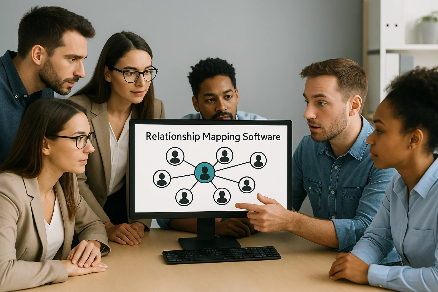 Five people look at a computer screen as one shows them how to use relationship mapping software